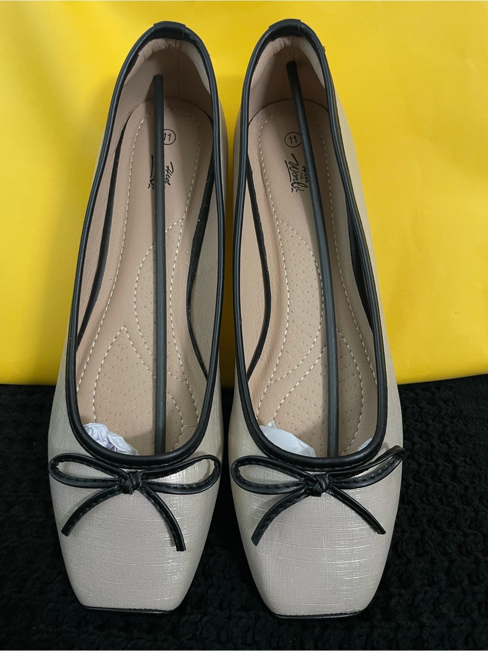 Cream Ballet Flats with Black Trim and Bow - Picture 4 of 4